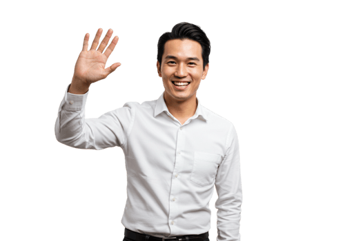 Smiling Asian Man Waving Hand Friendly Gesture White Shirt Background smile happy model black hello png