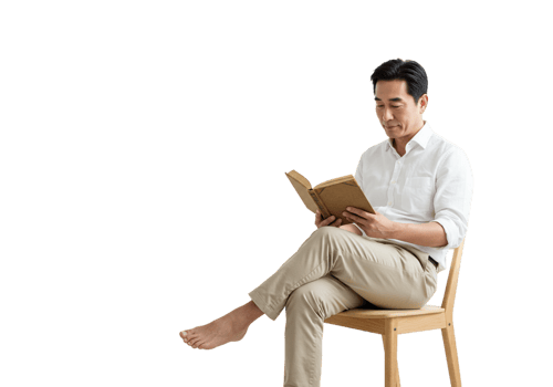 Mature Man Relaxed Reading Book Comfortable Chair Home calm adult style serene seated wooden casual png
