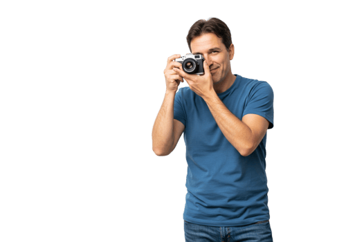 Smiling Man Taking Photo with Vintage Camera Blue Shirt Casual Photography Male Film Image Happy png