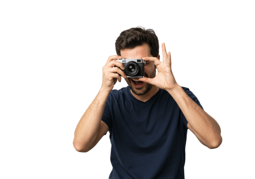 Happy Man Taking Photo with Vintage Camera Dark Background Film Male Image Retro Hobby Black Studio png
