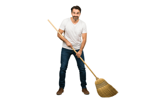 Happy Man Holding a Broom Ready to Sweep Cleaning Service Home Male Task Adult Worker Studio Person png