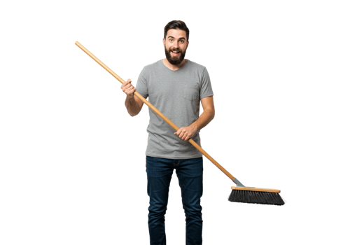 Man Holding Broom Cleaning Service Happy Excited Cleanup Home Neat Tidy Sweep Brush Worker Person png