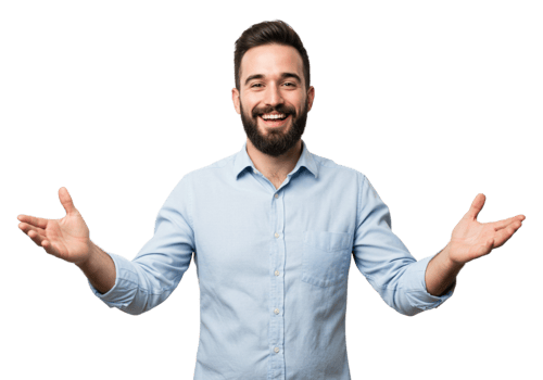 Happy Smiling Man Welcoming Gesture Open Arms Studio Shot Male Blue Shirt Black Person Joyful png