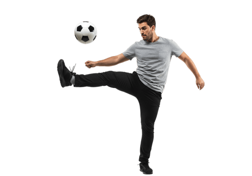 Athletic Man Kicking Soccer Ball High Action Shot Studio Leg Play Game Jump Sport Black Skill Power png