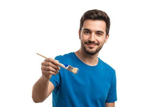 Smiling Man Holding Paintbrush Blue Shirt Studio Shot Art Male Happy Model Image Happy Color Artist png