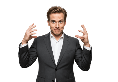 Confused Businessman Gesturing Hands Up Close Studio Shot suit grey doubt serious problem concept png