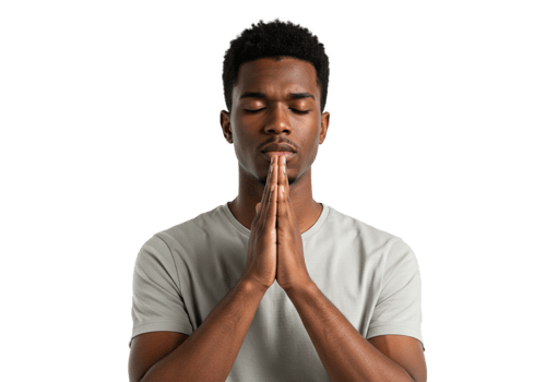 Serene Young Man Praying Peaceful Meditation Hopeful Faith calm male black hands model prayer belief png