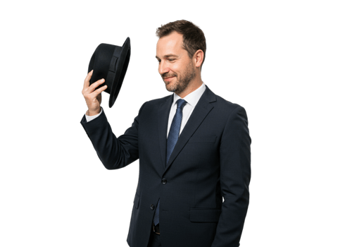 Smiling Businessman in Suit Holding Black Hat Elegant Professional Portrait dark style model image png