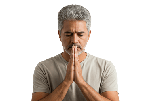 Serene Mature Man Praying Peaceful Meditation Pose Studio Shot zen calm hope male grey hair faith png