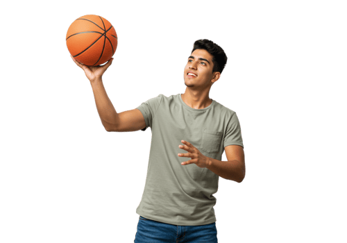 Young Man Holding Basketball Upward Studio Shot game play sport happy jeans player active energy png