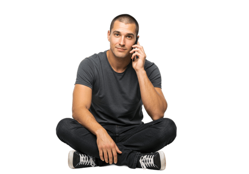 Young Man Sitting Floor Casual Talking Phone Cell Call Male Grey Adult Shirt Jeans Shoes Black Image png