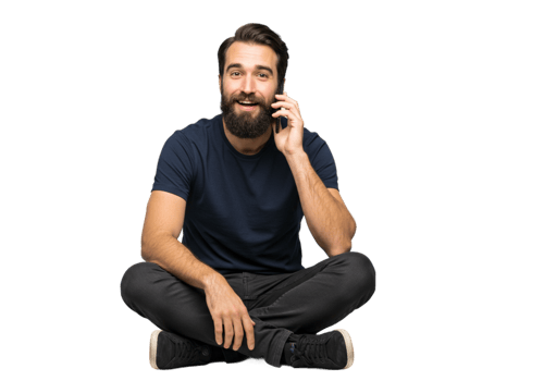 Happy Man Talking on Phone Sitting Cross Legged Smiling Casual dark hair blue beard shirt jeans png