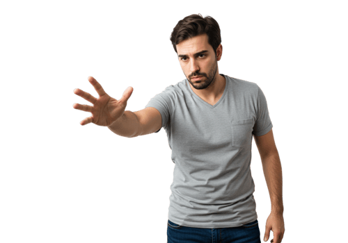 Serious Man Reaching Out Hand Grey Shirt Studio Shot Pose Male Stop Help Black Adult Model Image png