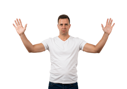 Man in White TShirt Showing Stop Gesture Arms Out Displeased Expression Studio Shot Body Male Hands png