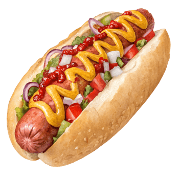 Delicious hot dog packed with toppings from a summer cookout in a backyard setting during a sunny afternoon png