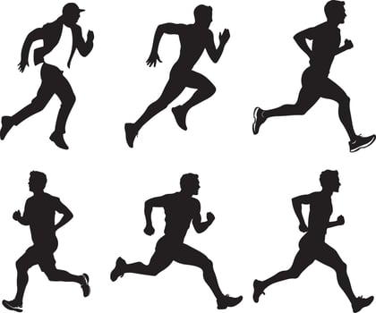 Set of man running athlete black and white silhouettes vector