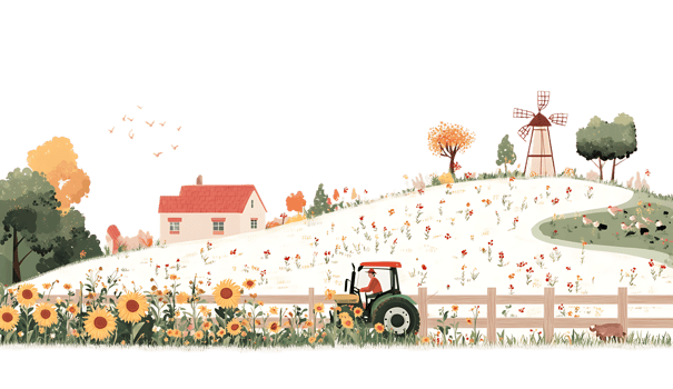 Farm scene with sunflowers, windmill and tractor png