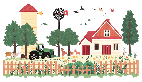 Farm scene with tractor, barn, and animals png