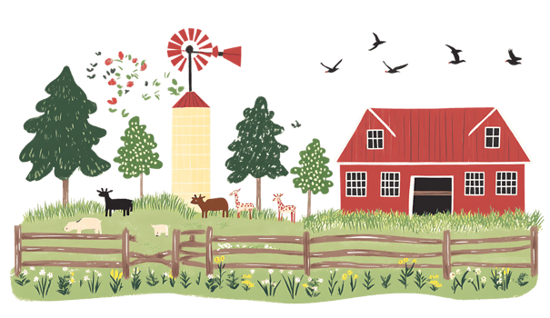 Farm scene with farm animals and windmill png
