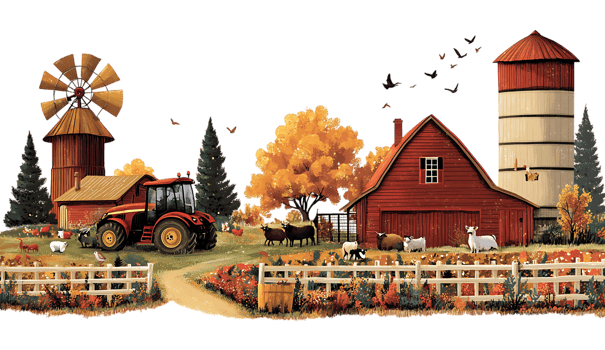 Farm scene with tractor, barn, and farm animals png