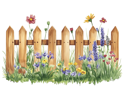 A wooden fence with flowers and grass png