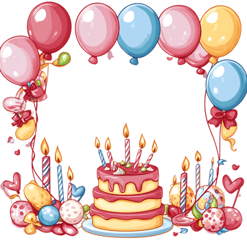 Festive birthday celebration with cake and balloons. png