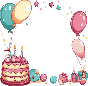 Birthday party frame with cake and balloons png
