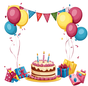 Festive birthday cake, balloons, and gifts. png