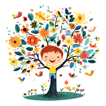 A boy is standing in front of a tree with flowers png