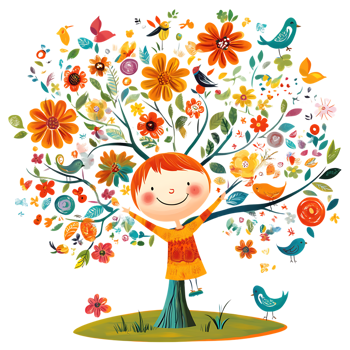 A girl is standing in front of a tree with flowers png