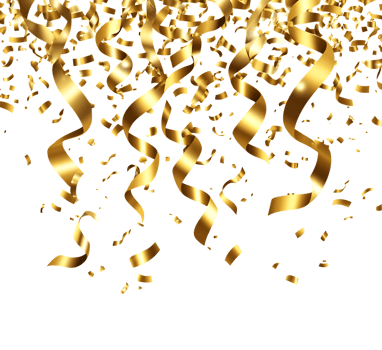 Golden confetti and ribbons falling on black background png