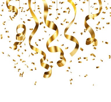 Falling gold confetti and streamers on black background png
