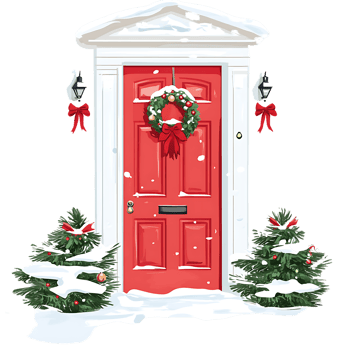 A red door with a wreath on it and a wreath on the door png