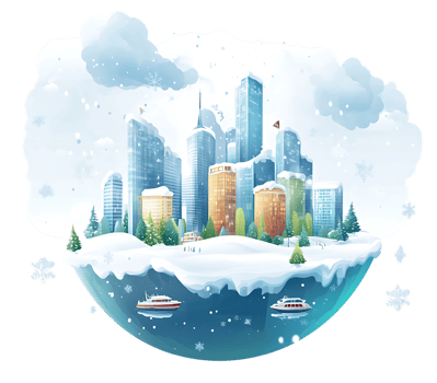 Winter city with snow and buildings png