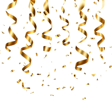 Falling gold confetti and ribbons on black background png