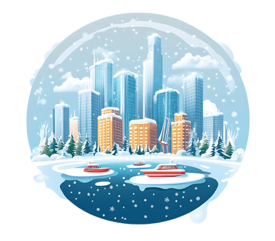 Winter wonderland city scene inside a snow globe. png