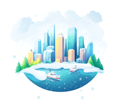 Winter wonderland city illustration with boats and snow. png