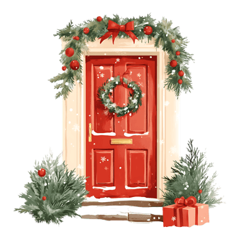 Christmas door decoration with wreath and gift png