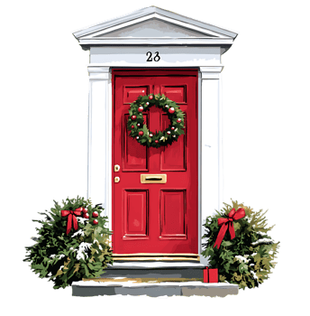 A red door with a wreath on it and a wreath on the door png