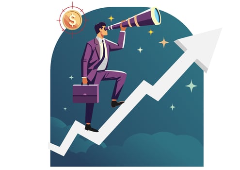 A smart business manager uses a telescope to see the future, standing on a rising arrow. vector