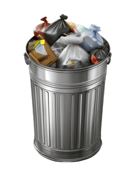 silver metal garbage can full of trash bags, overflowing waste container with mixed rubbish on isolated background for environmental pollution and waste management concept png