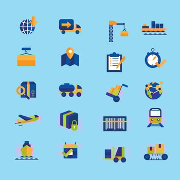 New Logistics and delivery concept blue yellow icons set with time and transport symbols flat isolated illustration vector