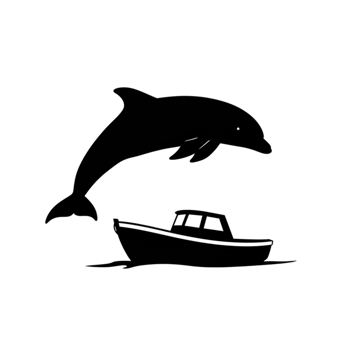 Elegant Dolphin Leaping over Small Boat Ocean Wildlife Nature Sea Art Line Water Black White Marine png