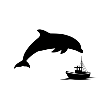Elegant Dolphin Leaping over Small Boat Ocean Wildlife Scene Illustration Sea Art Line Fish Water png