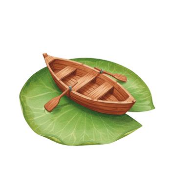 Charming Wooden Rowboat on Giant Lily Pad Peaceful Summer Scene Illustration Art Calm Oars Leaf png