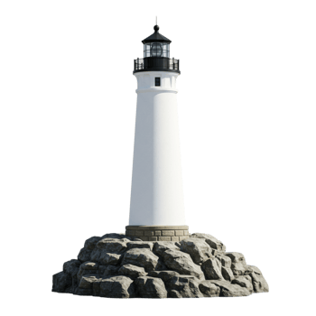 Isolated White Lighthouse on Rocky Shore Dramatic Ocean View 3d sea coast rocks tower cliff stone png