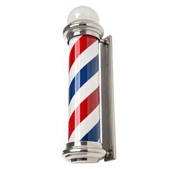 A metallic barber pole with a glass exterior and traditional red, white, and blue spiral design, mounted on a wall png