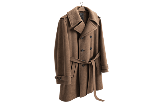 A tailored trench coat in brown suede, featuring a belted waist, button closure, and textured lapel details, evoking a vintage aesthetic png