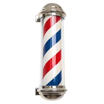 Cylindrical barber pole with glossy red, white, and blue spirals, capped with polished metallic ends, wall-mounted for traditional ambiance png