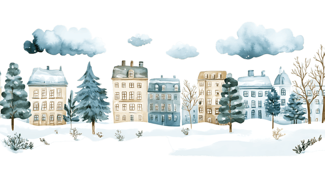 Winter village landscape, watercolor illustration png